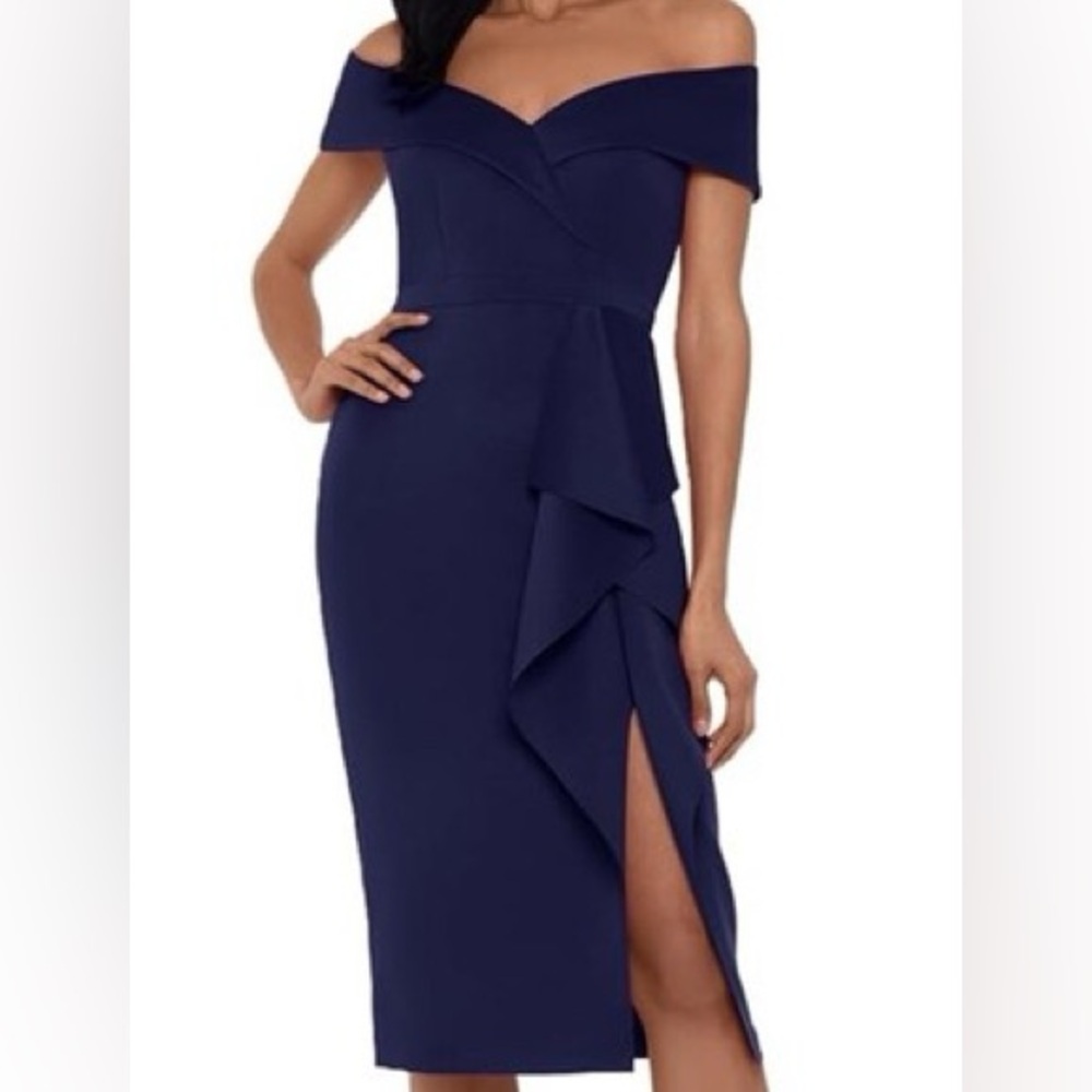 NWOT Xscape Women's Knee Length OTS Scuba Side Slit Dress, Midnight Size 8